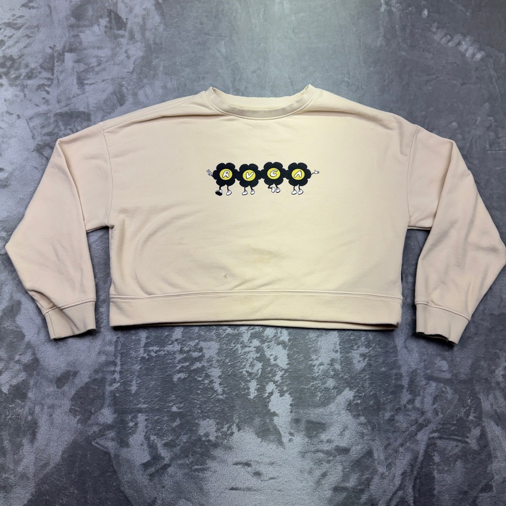 RVCA March Crewneck Sweatshirt Pullover Beige Sz L/12 Flower Cartoon Women